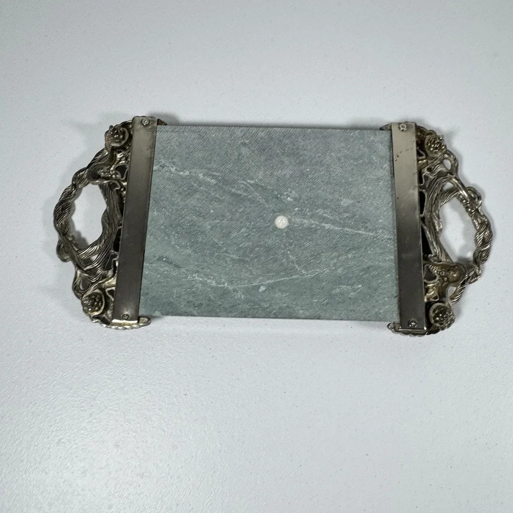 Goldinger Green Marble Silverplate Cheese Serving Plate Handles Grape‎ Leaves